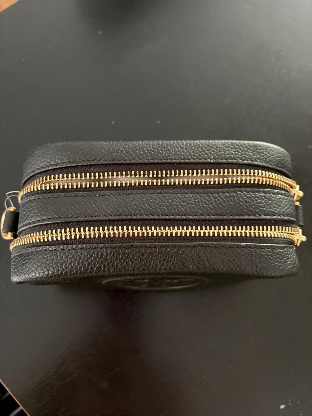 Tory Burch Black Pebbled Leather Toiletry Bag with Embossed Logo